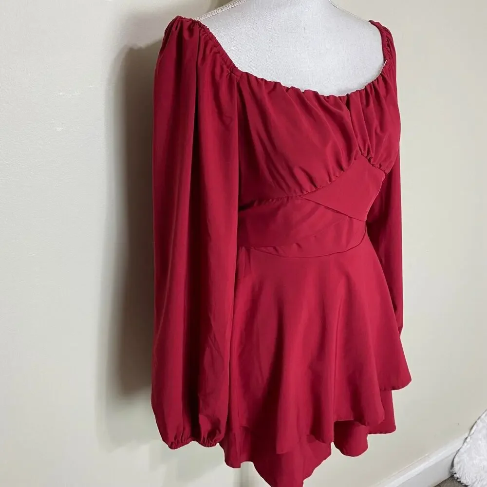 Women's Summer Sexy Puff Sleeve Square‎ Neck Wrap Short Mini Dress, XS, Red